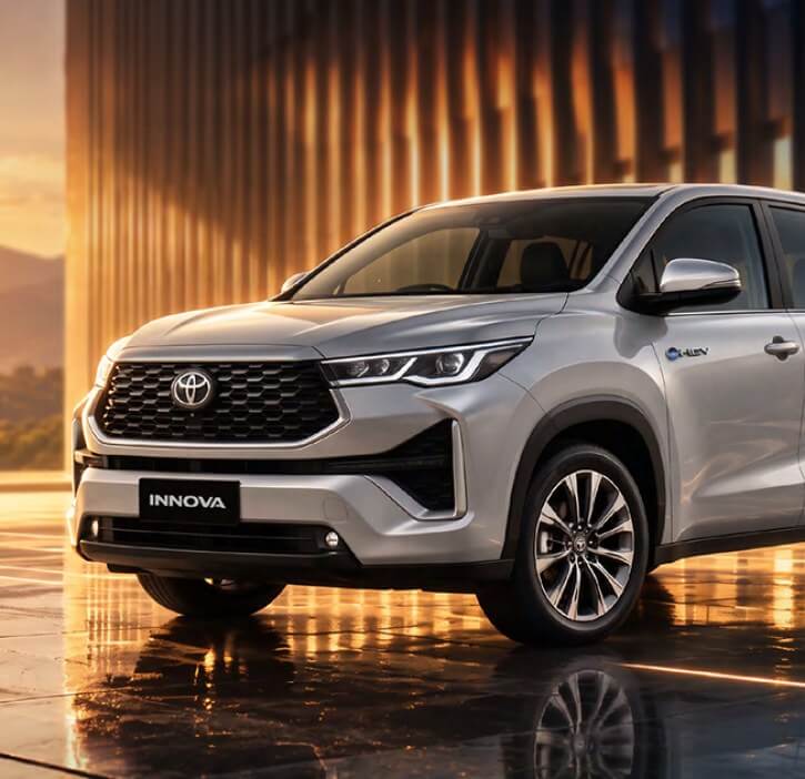 Toyota Innova híbrida plateada estacionada al atardecer
